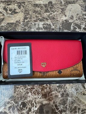 MCM Red Flap Wallet with Cognac Logo Print